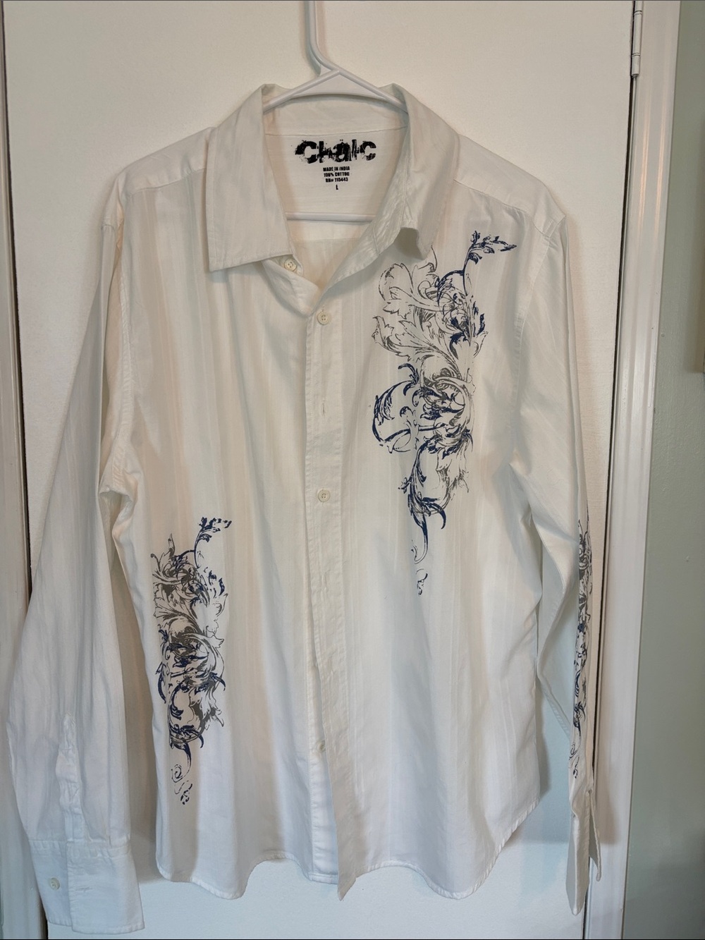 Chalk White Long-Sleeve Dress Shirt with Navy Floral Print